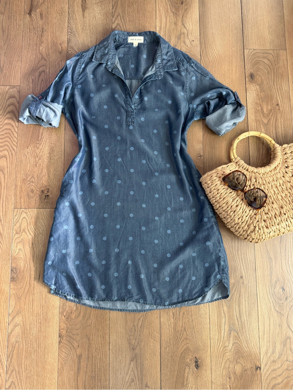 cloth & stone Blue Polka Dot Denim Mini Shirt Dress